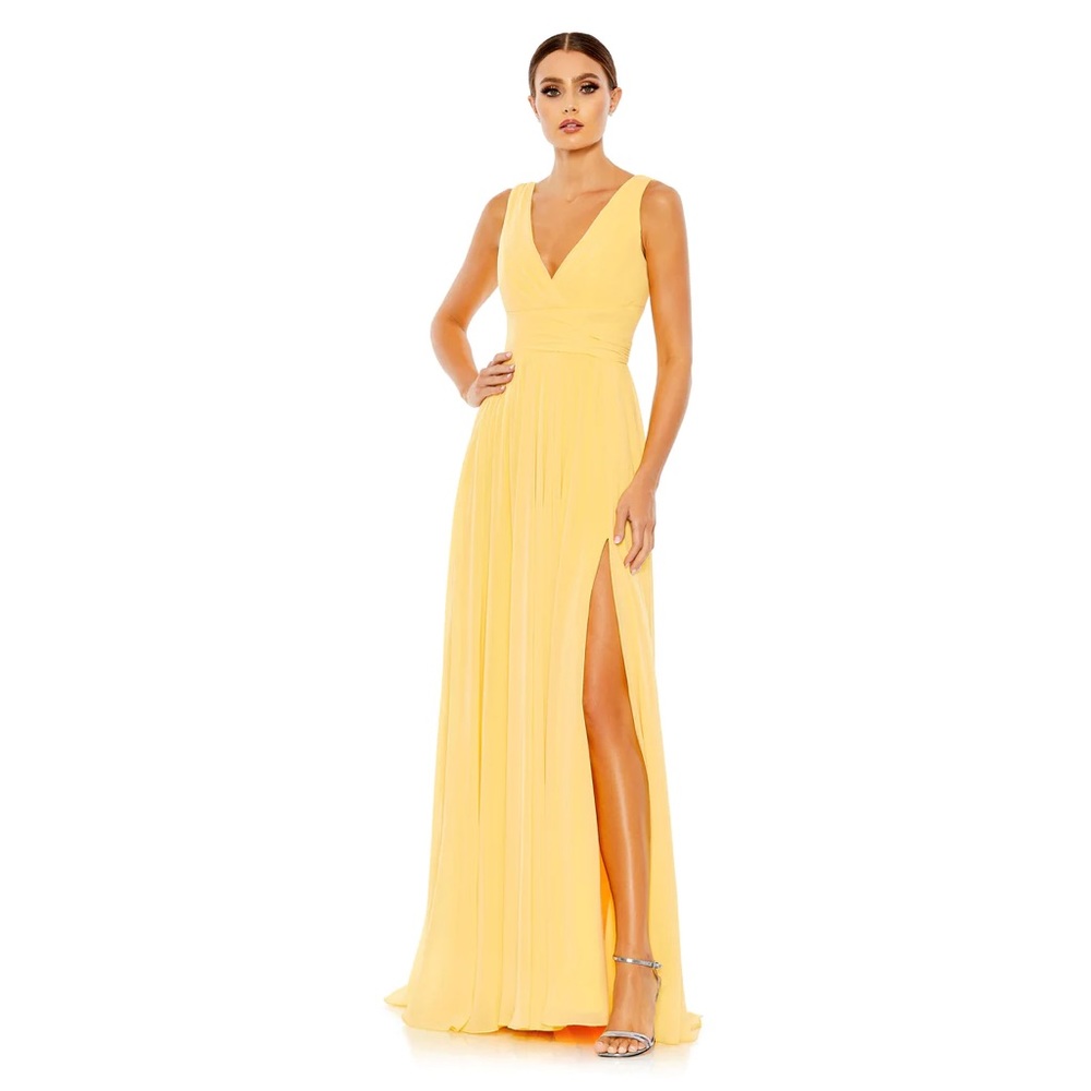 MAC DUGGAL CHIFFON SLEEVELESS WRAP OVER A LINE GOWN